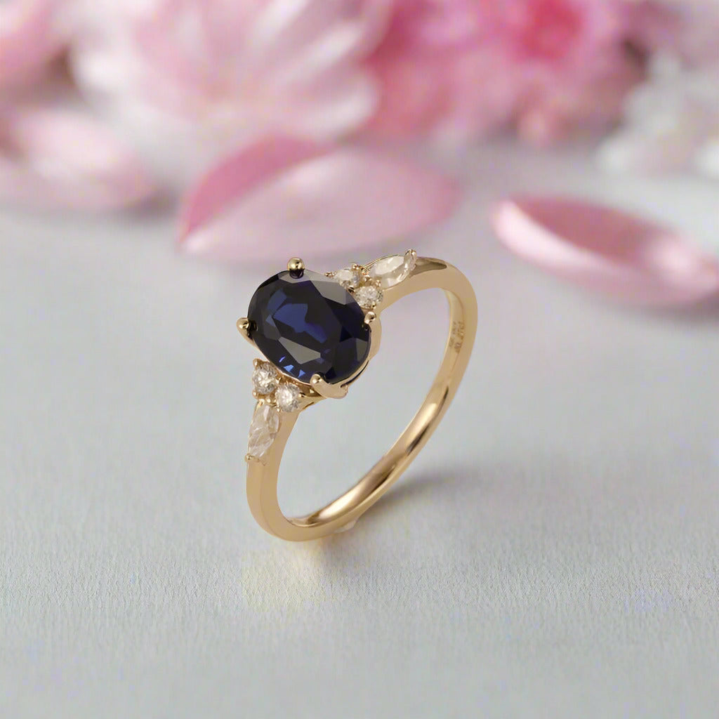 Solid 18k Yellow Gold 2.0 Ctw Oval Sapphire Engagement Ring-Black Diamonds New York