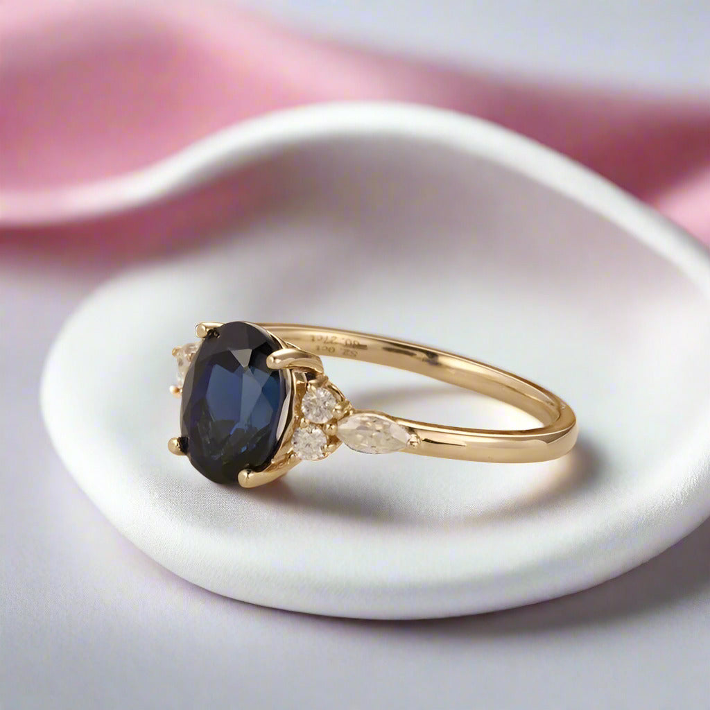 Solid 18k Yellow Gold 2.0 Ctw Oval Sapphire Engagement Ring-Black Diamonds New York