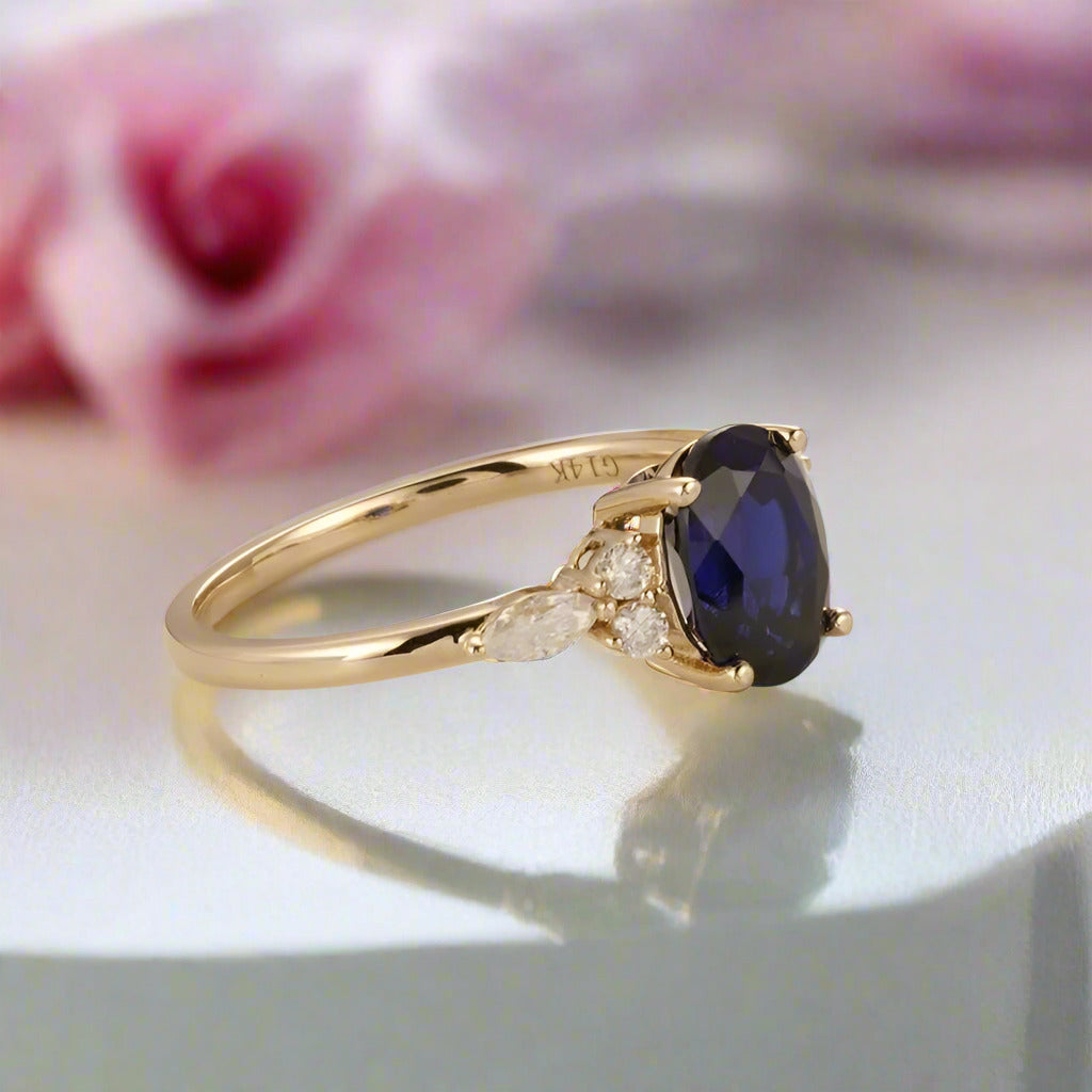 Solid 18k Yellow Gold 2.0 Ctw Oval Sapphire Engagement Ring-Black Diamonds New York