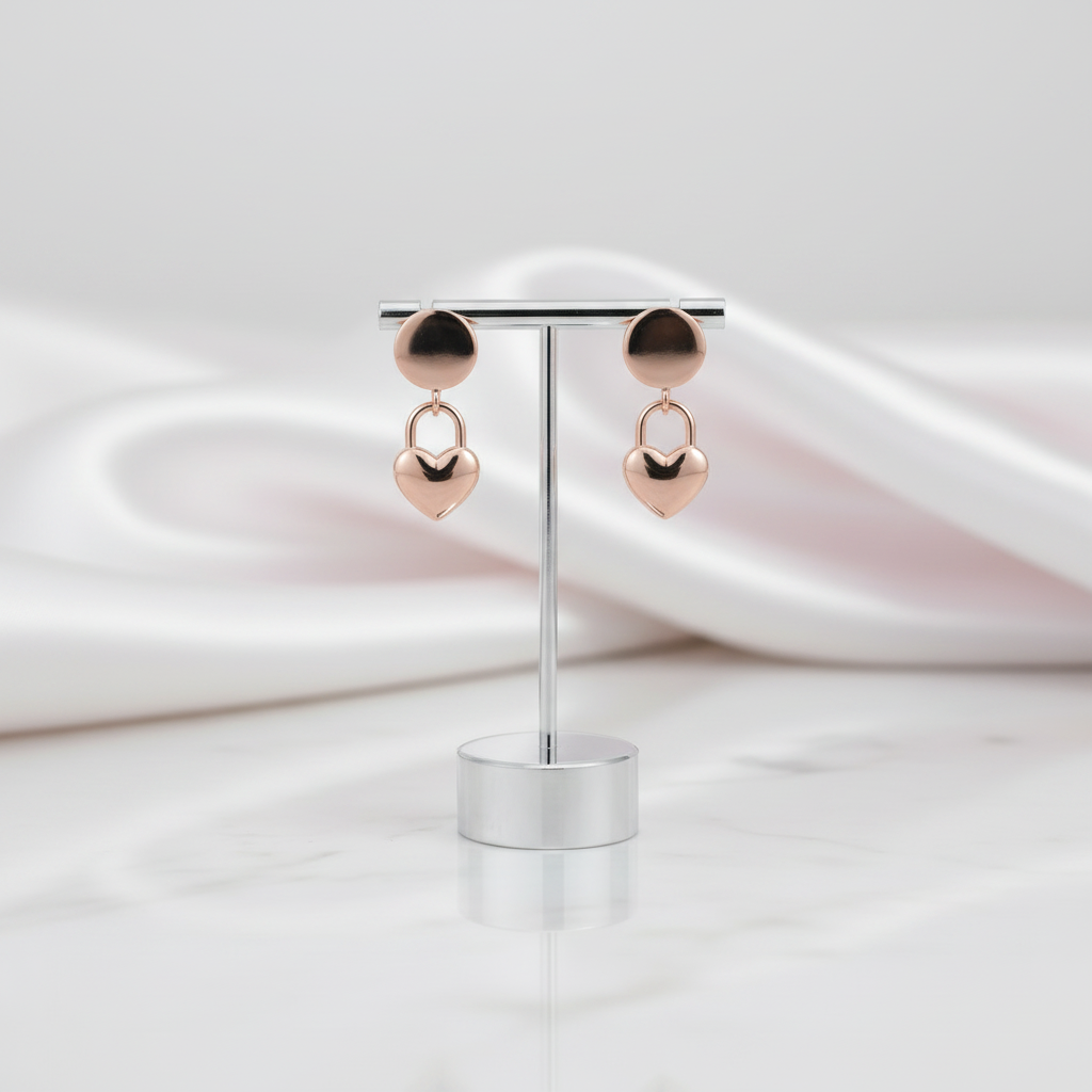 Solid 18k Rose Gold Dangle Heart Earrings-Black Diamonds New York