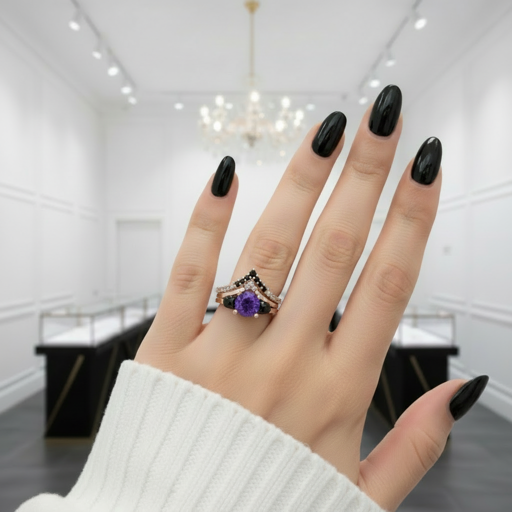 Soulmate- 1ct Violet Round Cut Created Diamond Option Gothic Ring-Black Diamonds New York