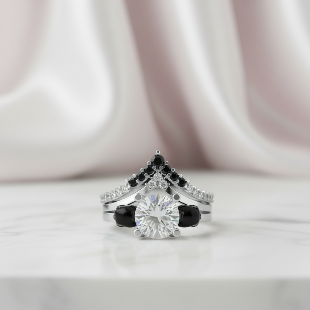 Diamond ring with black gemstones on a white background