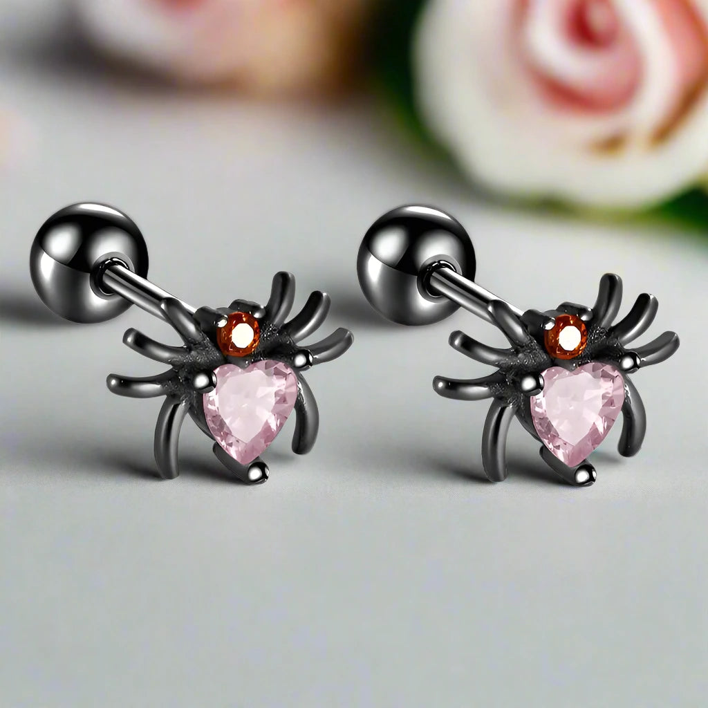 Spider Stud Earrings with Pink Heart Diamond-Black Diamonds New York