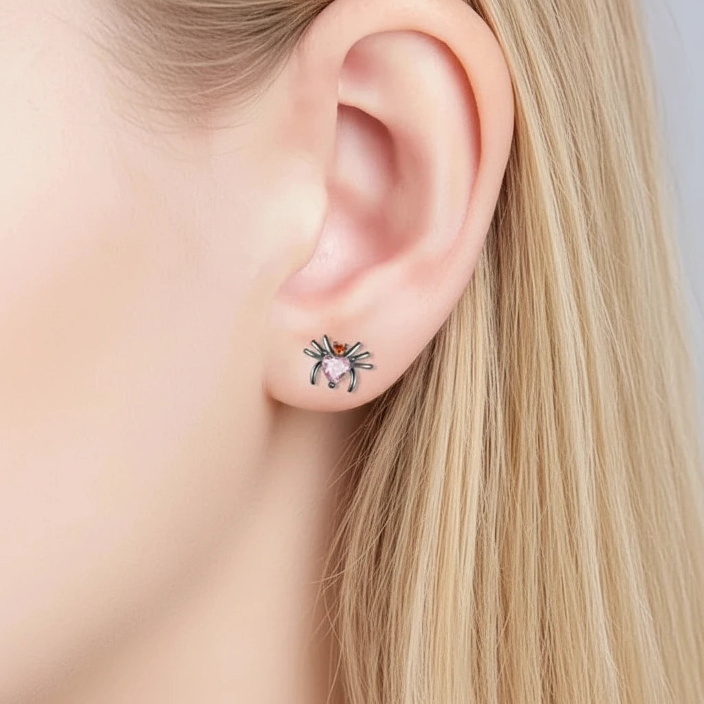 Spider Stud Earrings with Pink Heart Diamond Option-Black Diamonds New York