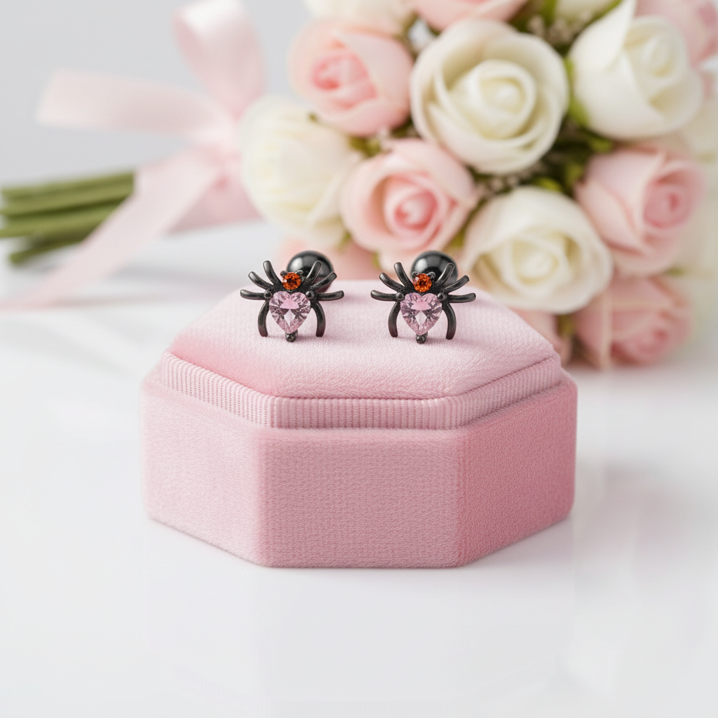 Spider Stud Earrings with Pink Heart Diamond Option-Black Diamonds New York