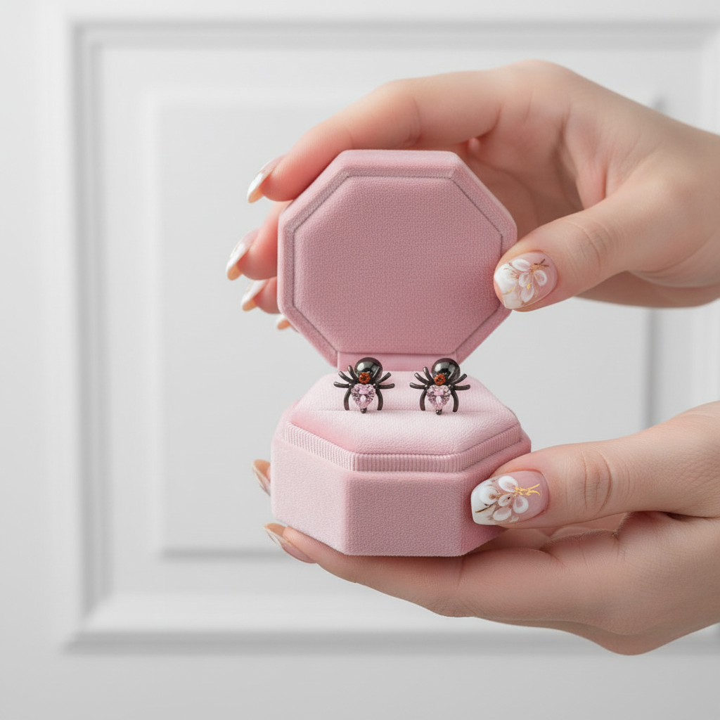 Spider Stud Earrings with Pink Heart Diamond Option-Black Diamonds New York