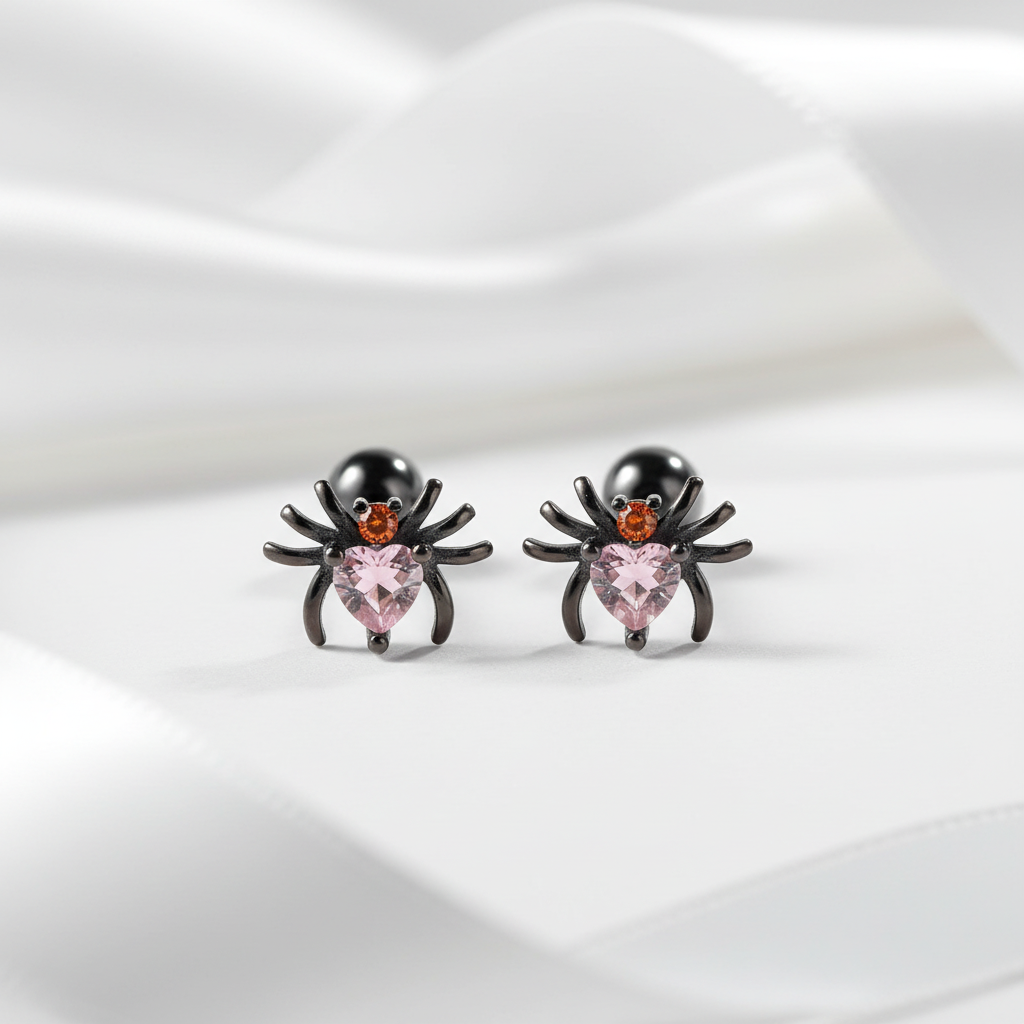 Spider Stud Earrings with Pink Heart Diamond Option-Black Diamonds New York