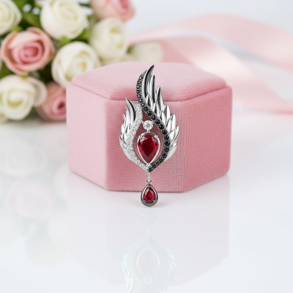 Spinel & Pear-cut Red Diamond Option Wings Pendant-Black Diamonds New York