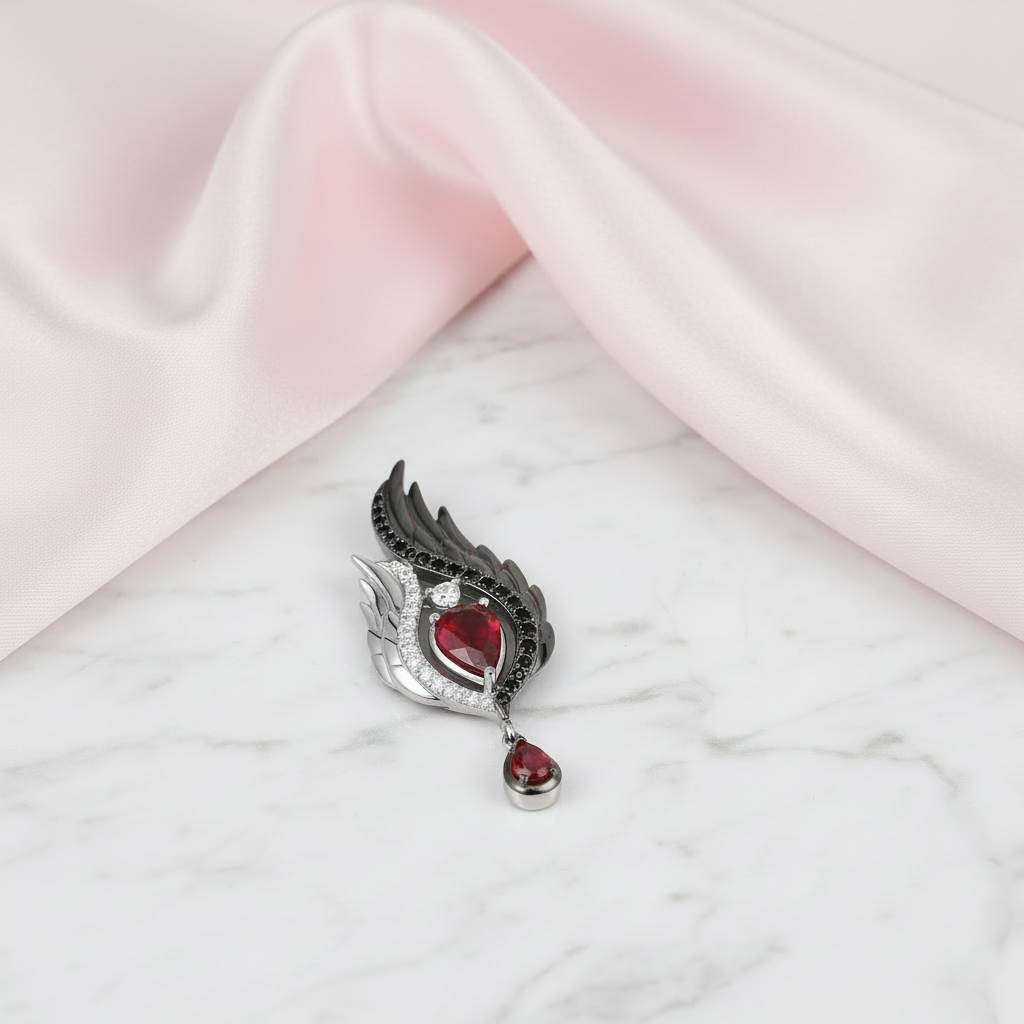 Spinel & Pear-cut Red Diamond Option Wings Pendant-Black Diamonds New York