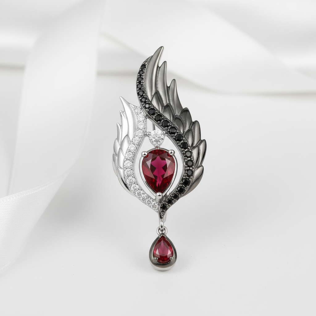 Spinel & Pear-cut Red Diamond Option Wings Pendant-Black Diamonds New York