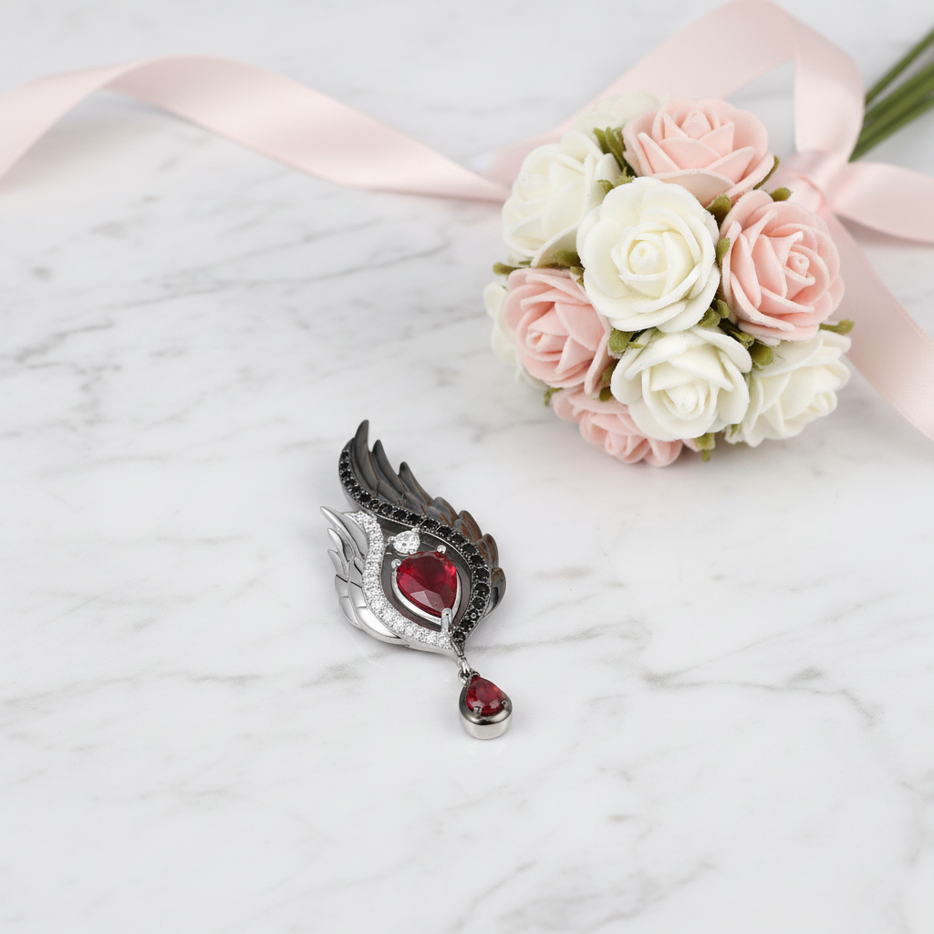 Spinel & Pear-cut Red Diamond Option Wings Pendant-Black Diamonds New York