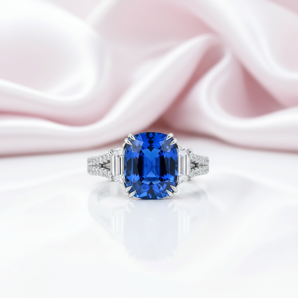 Split Shank Blue Sapphire Cushion Cut Three Stone Engagement Ring-Black Diamonds New York