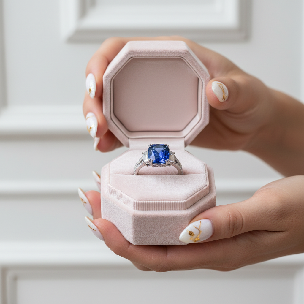 Split Shank Blue Sapphire Cushion Cut Three Stone Engagement Ring-Black Diamonds New York