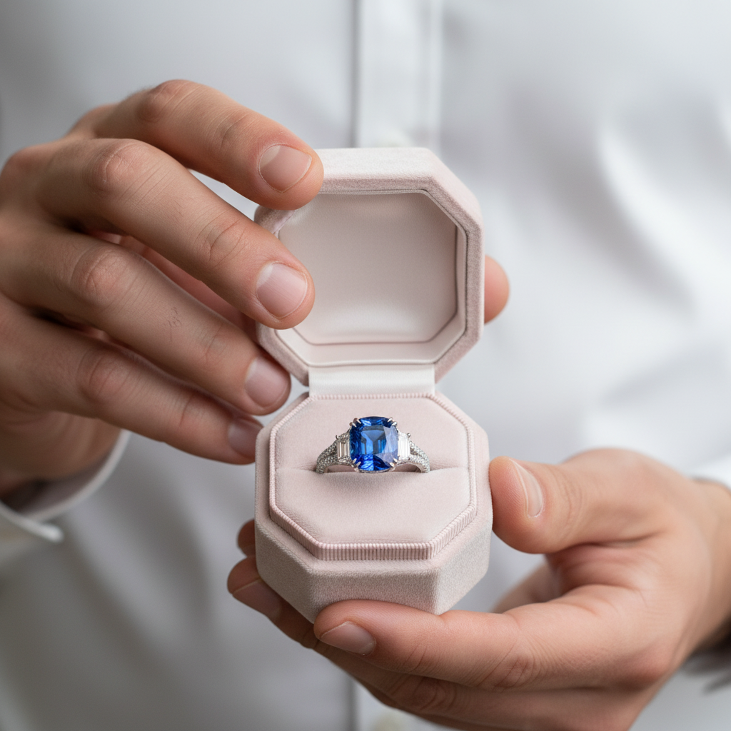 Split Shank Blue Sapphire Cushion Cut Three Stone Engagement Ring-Black Diamonds New York