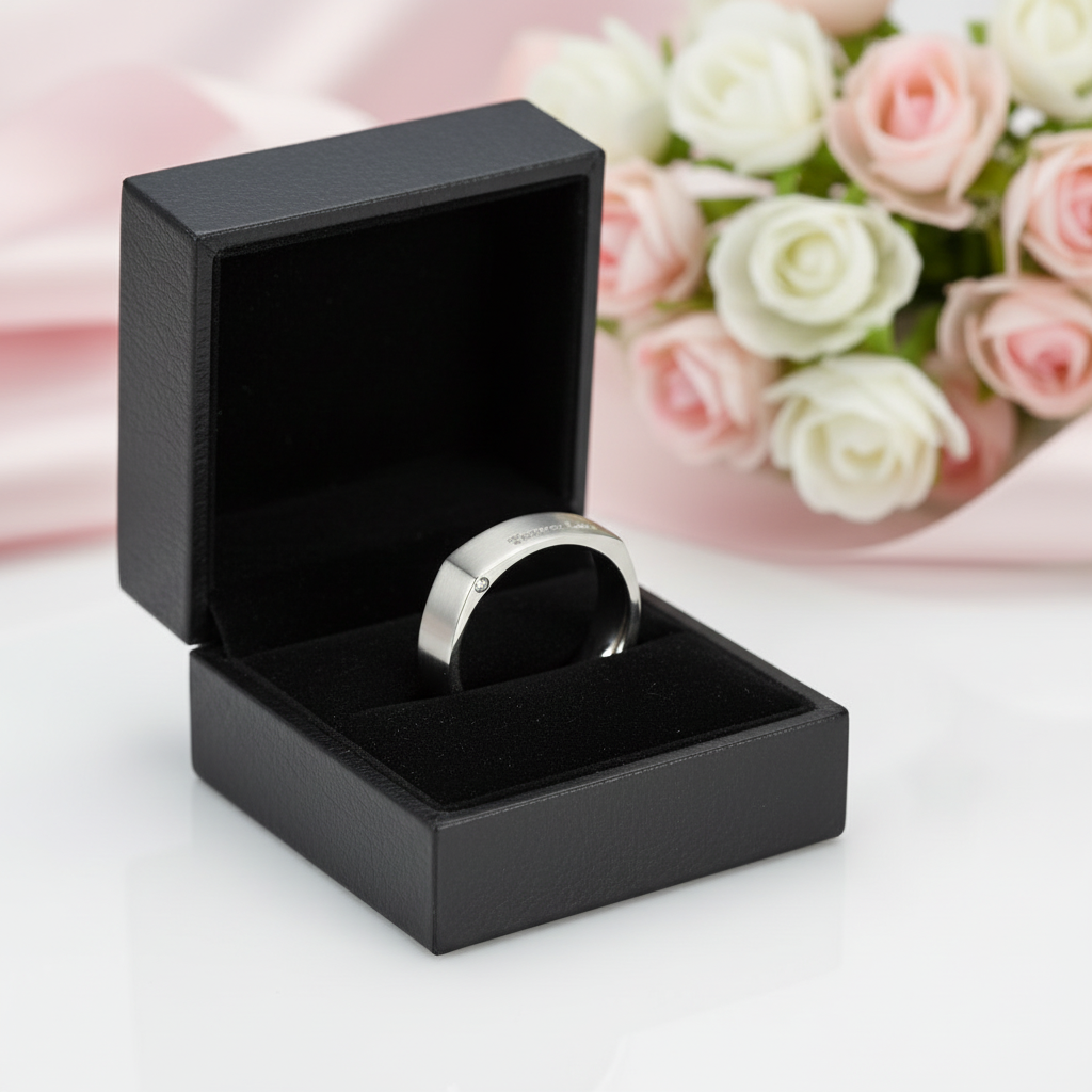 Square Engraved Titanium Men's Wedding Band-Black Diamonds New York