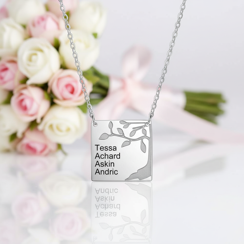 Square Tree Custom Name Necklace-Black Diamonds New York