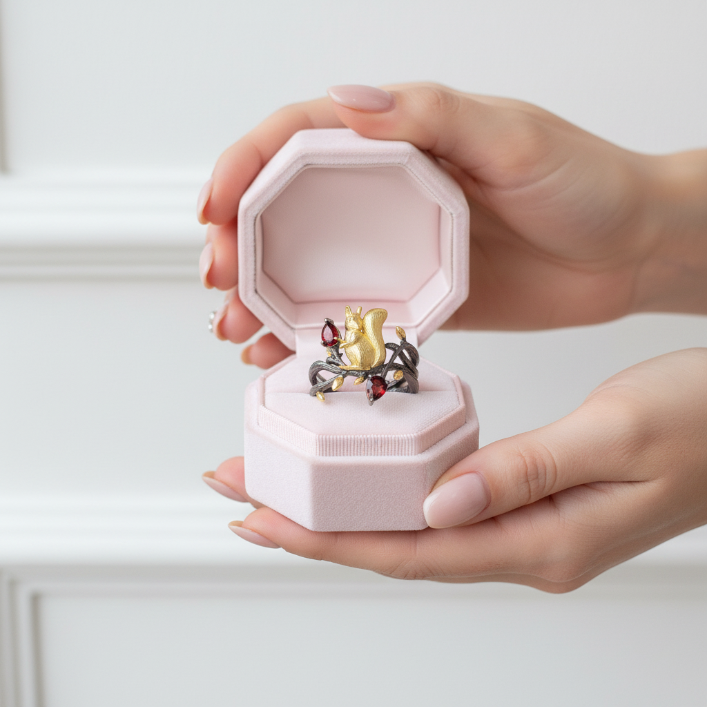 Squirrel Garnet Gemstone Ring-Black Diamonds New York