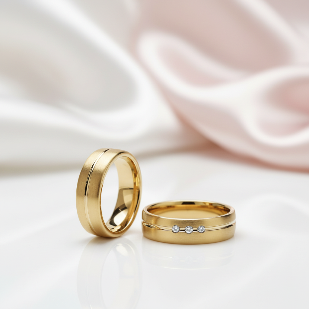 Stainless Steel Gold Plated His And Hers Ring Band-Black Diamonds New York