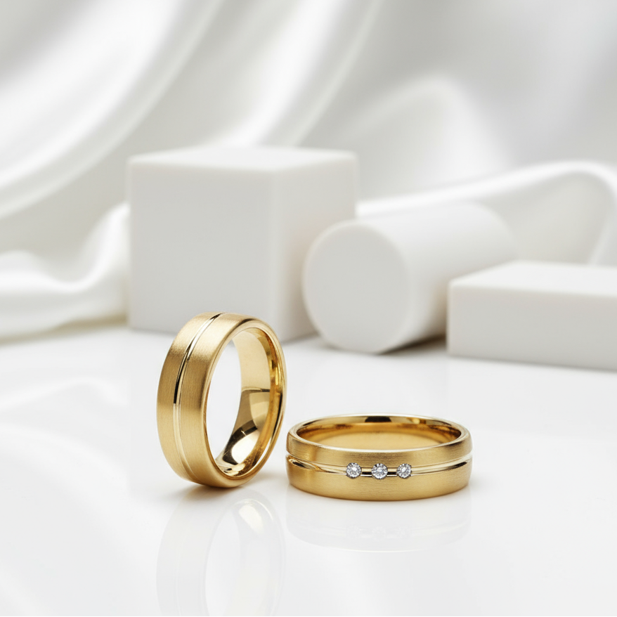 Stainless Steel Gold Plated His And Hers Ring Band-Black Diamonds New York