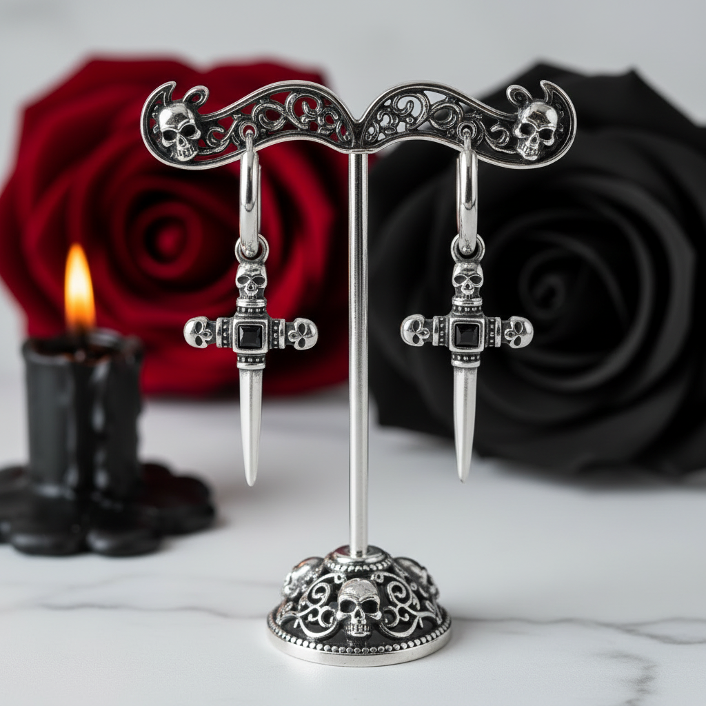 Stainless Steel Skull Cross Unisex Drop Earrings-Black Diamonds New York