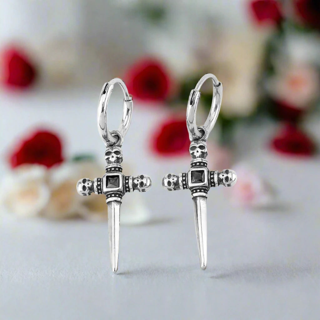 Stainless Steel Skull Cross Unisex Drop Earrings-Black Diamonds New York