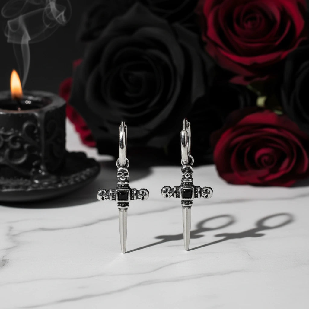 Stainless Steel Skull Cross Unisex Drop Earrings-Black Diamonds New York