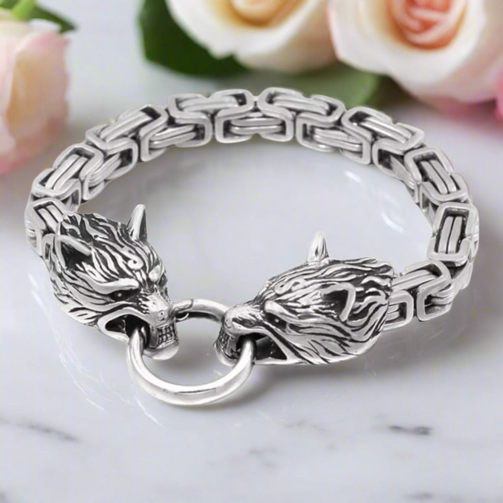 Stainless Steel Viking Wolf Head Men's Bracelet-Black Diamonds New York