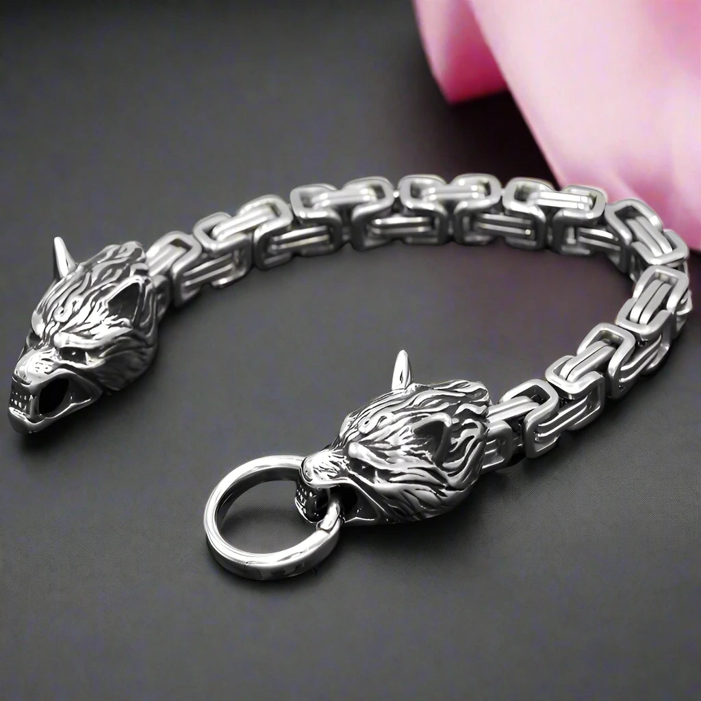 Stainless Steel Viking Wolf Head Men's Bracelet-Black Diamonds New York