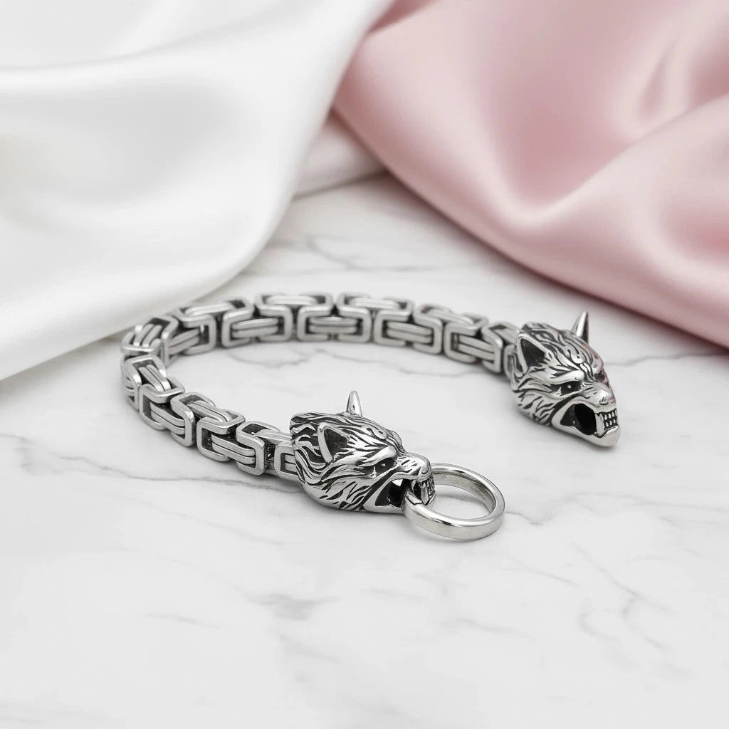 Stainless Steel Viking Wolf Head Men's Bracelet – Black Diamonds Stainless Steel Viking Wolf Head Men's Bracelet – Black Diamonds