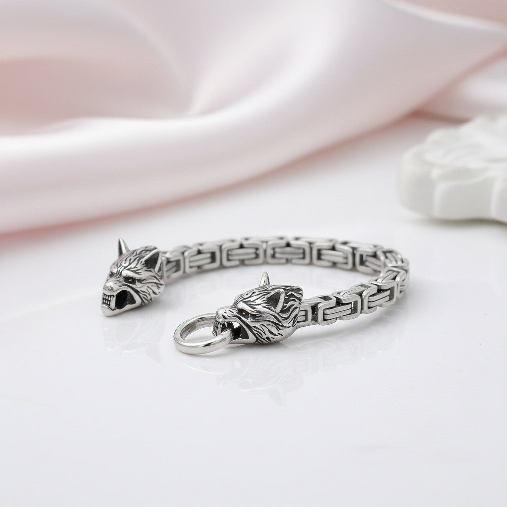 Stainless Steel Viking Wolf Head Men's Bracelet-Black Diamonds New York