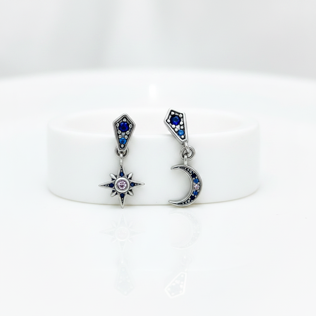 Star & Crescent Moon Drop Earrings-Black Diamonds New York