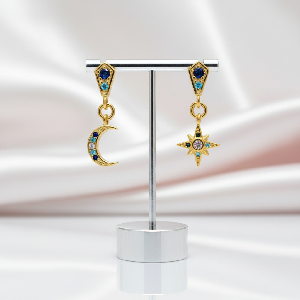 Star & Crescent Moon Drop Earrings-Black Diamonds New York