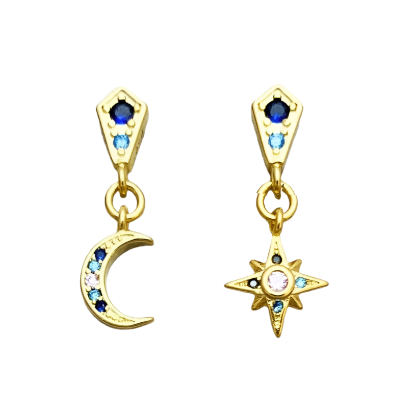 Star & Crescent Moon Drop Earrings-Black Diamonds New York
