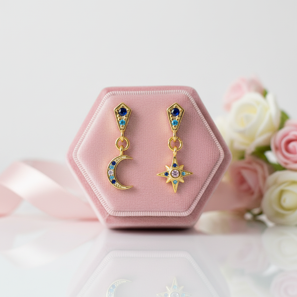Star & Crescent Moon Drop Earrings-Black Diamonds New York