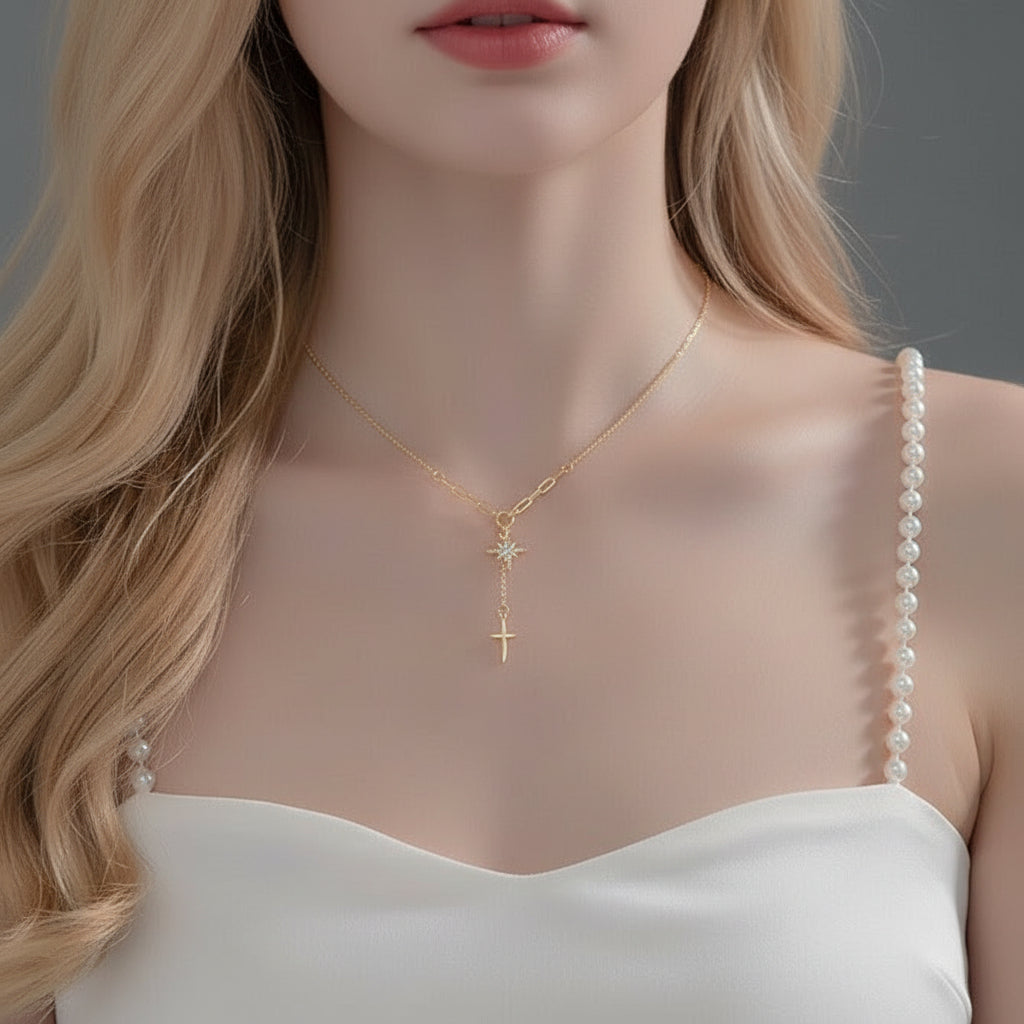 Star Cross Necklace with Round Diamond-Black Diamonds New York