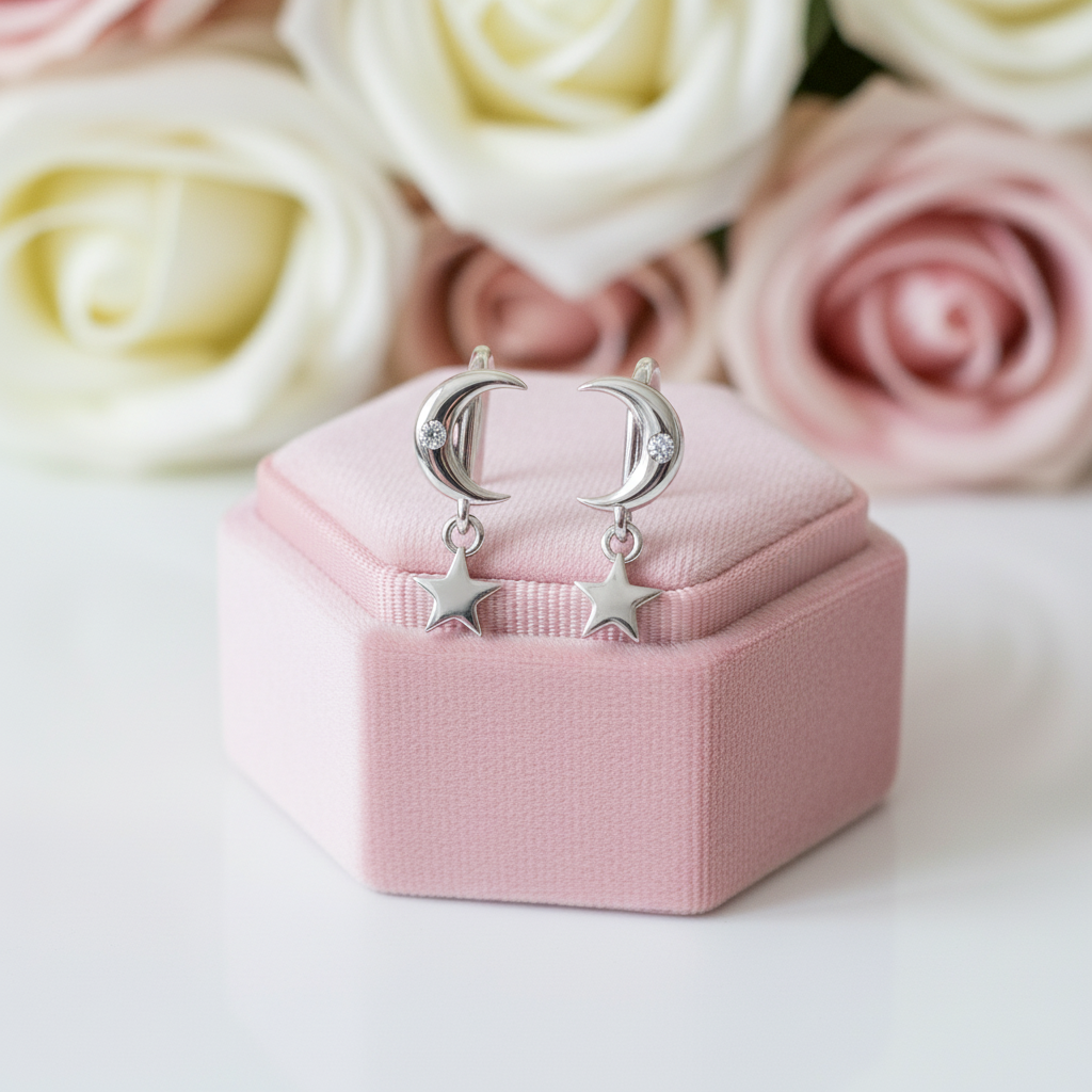 Star & Moon Piercing Earrings-Black Diamonds New York