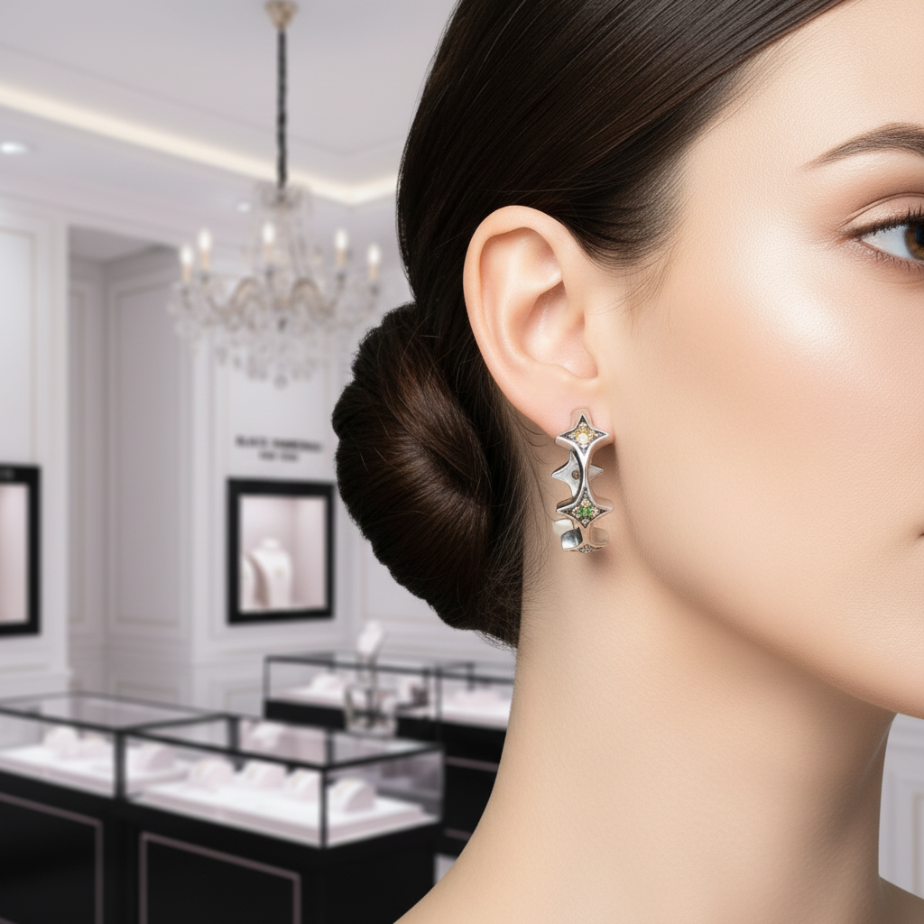 Star Rainbow Diamond Hoop Earrings-Black Diamonds New York