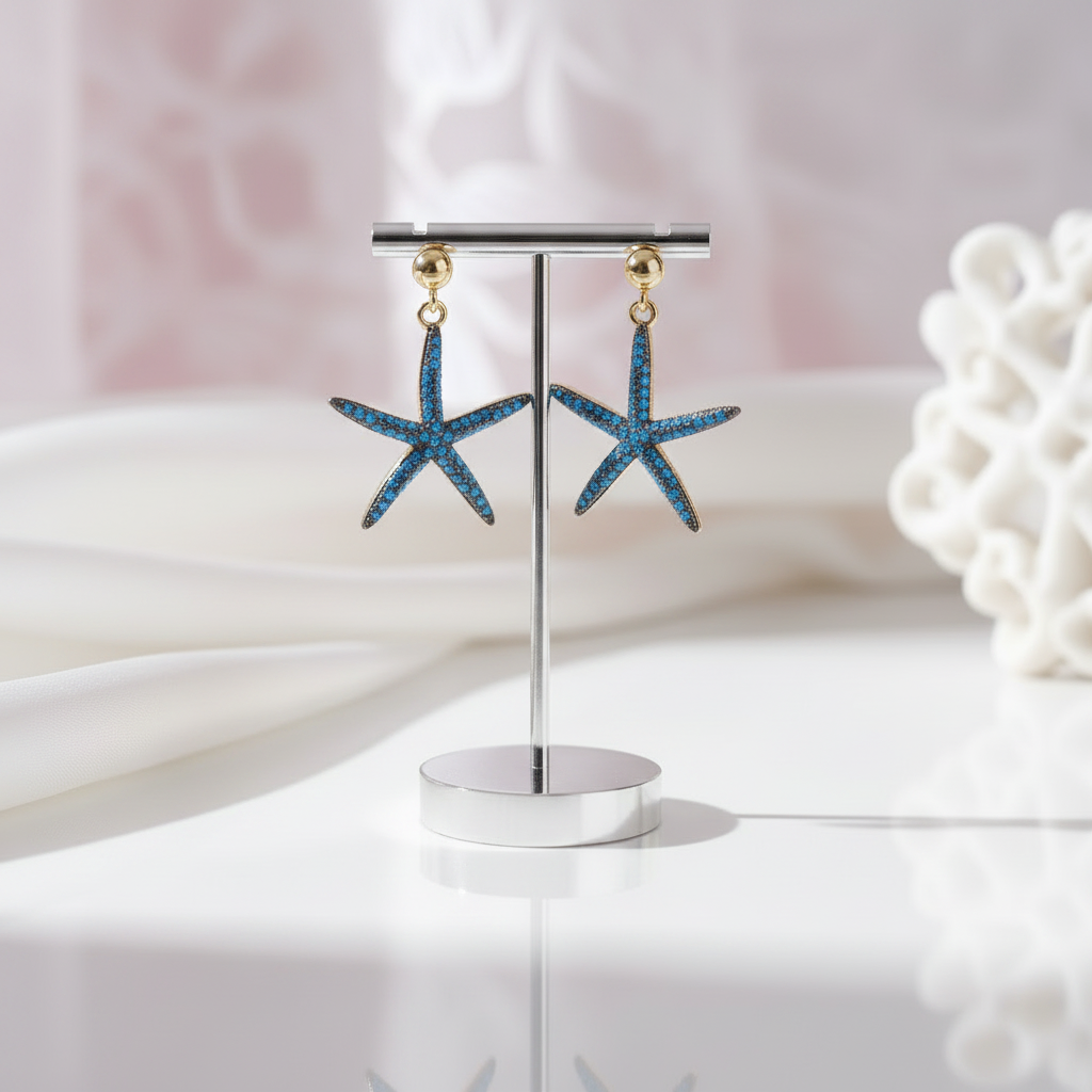 Blue Starfish Earrings-Black Diamonds New York
