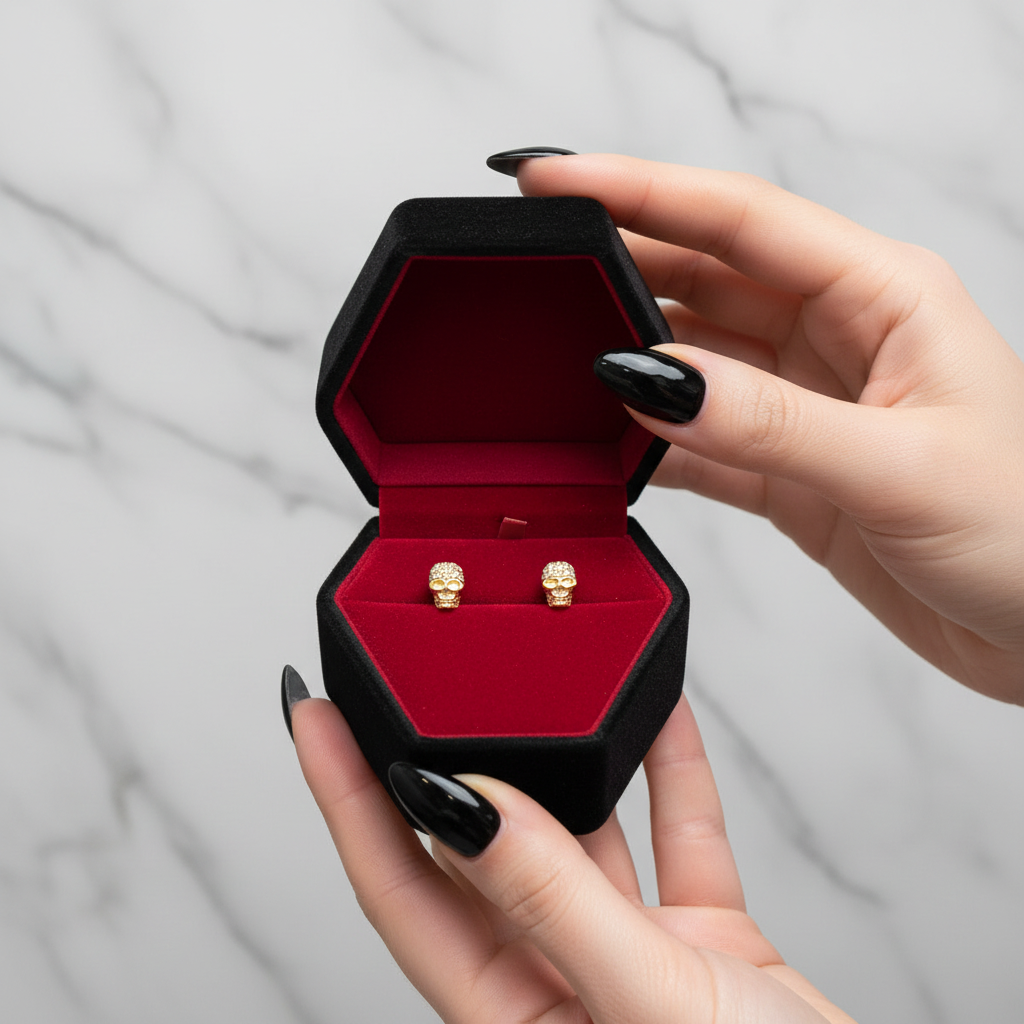 Street Punk Golden Skull Pave Stud Earrings-Black Diamonds New York