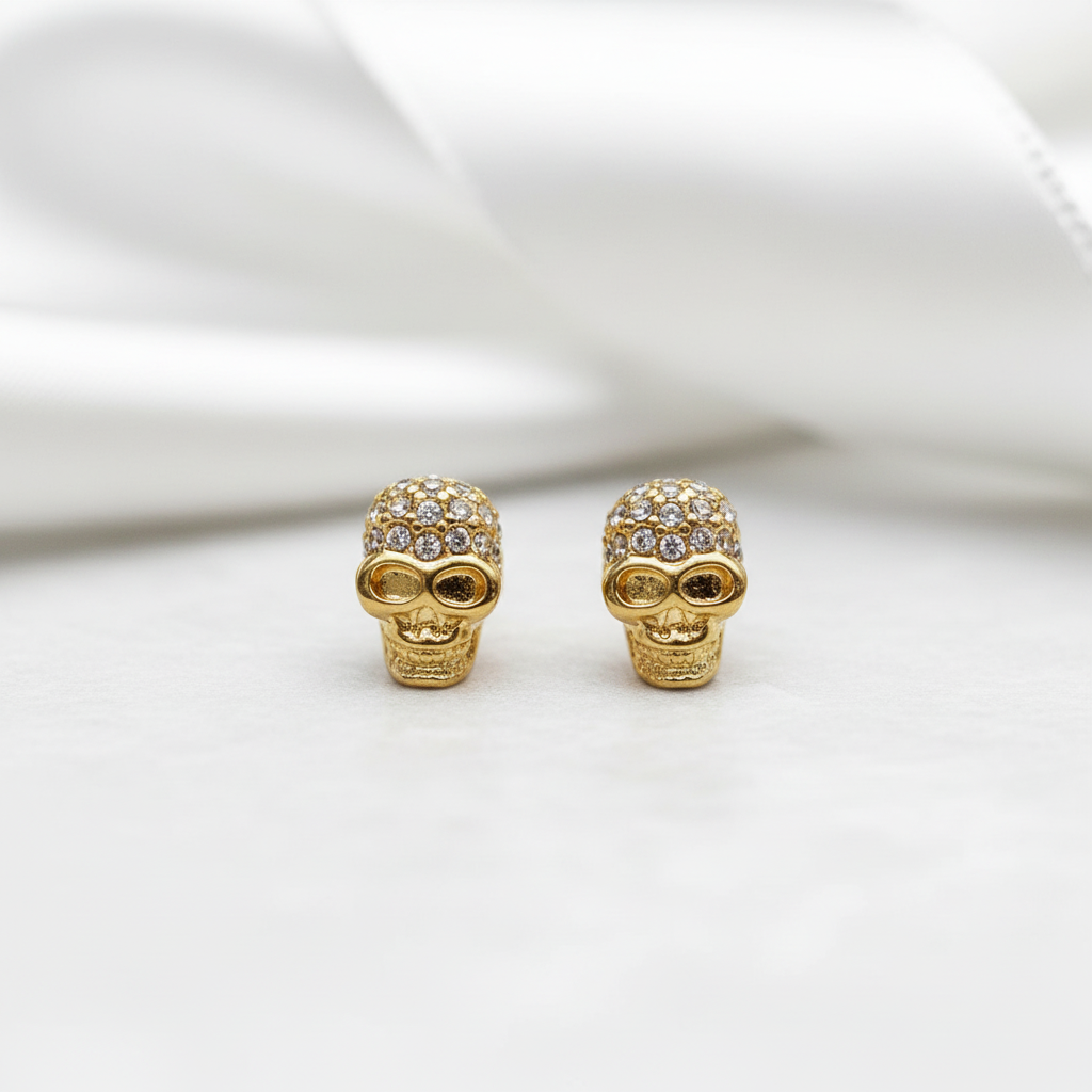 Street Punk Golden Skull Pave Stud Earrings-Black Diamonds New York