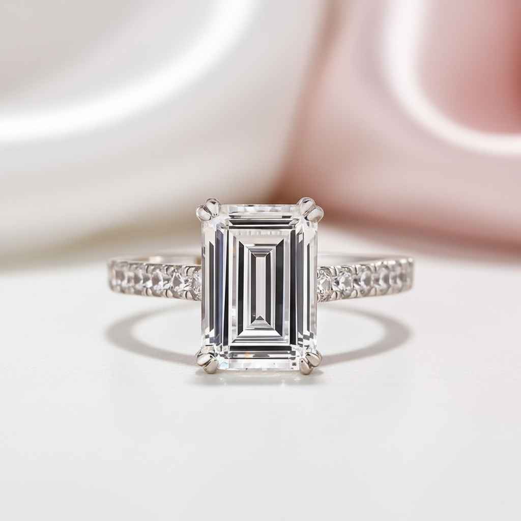 Diamond ring with emerald-cut center stone on a soft pink background
