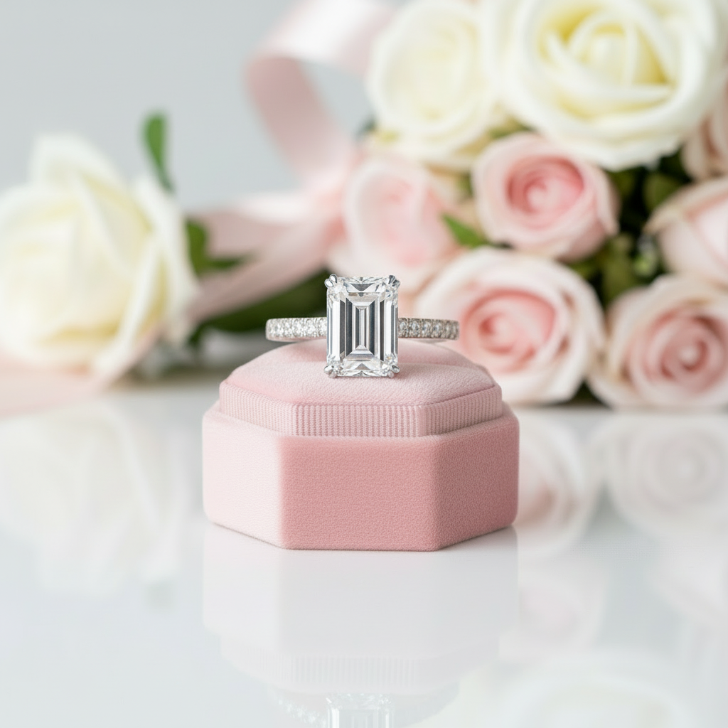Diamond ring on a pink cushion with flowers in the background