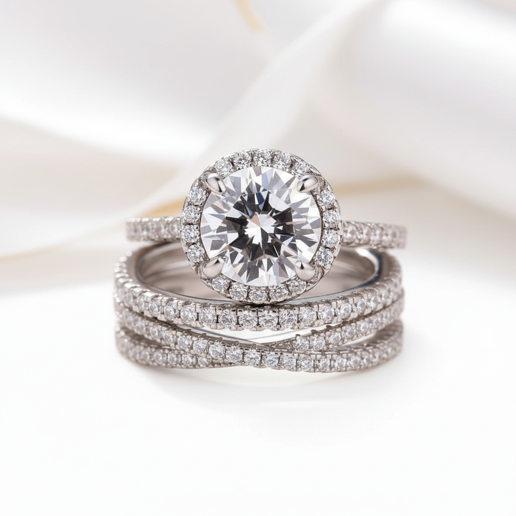 Stunning Halo Round Cut Simulated Diamond Option Bridal Ring Set-Black Diamonds New York