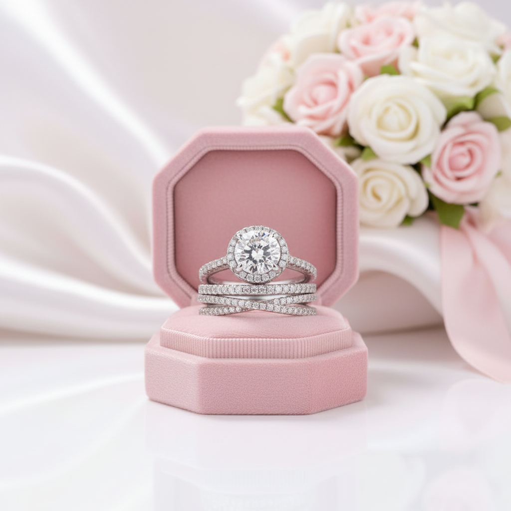 Stunning Halo Round Cut Simulated Diamond Option Bridal Ring Set-Black Diamonds New York