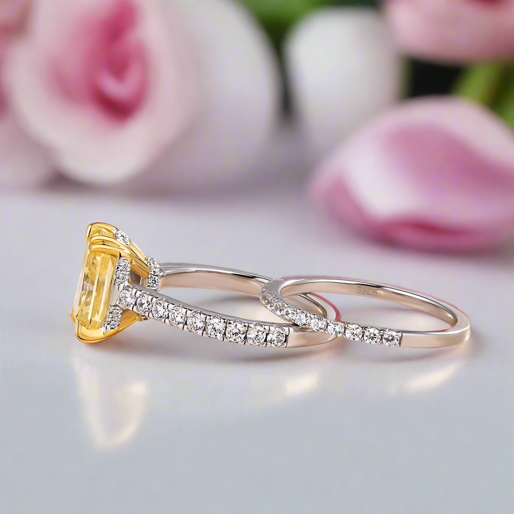 Stunning Radiant Cut Yellow Sapphire Ring Set-Black Diamonds New York