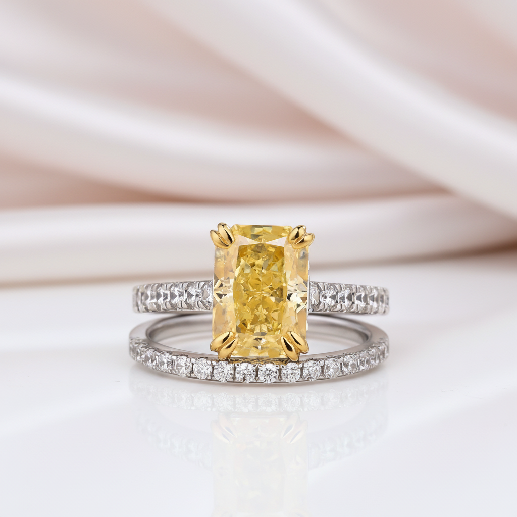Stunning Radiant Cut Yellow Sapphire Ring Set-Black Diamonds New York