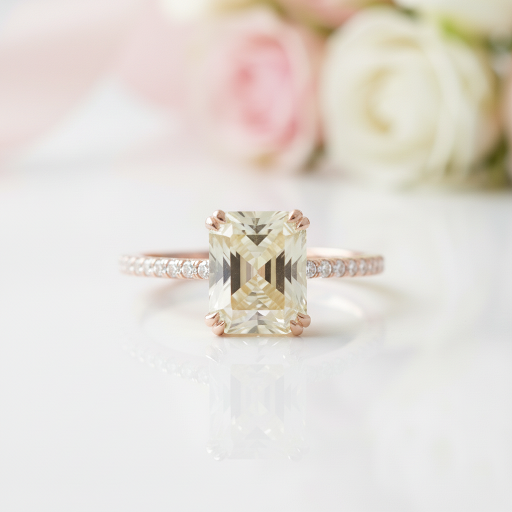 Stunning Yellow Gold Radiant Cut Light Yellow Sapphire Engagement Ring-Black Diamonds New York