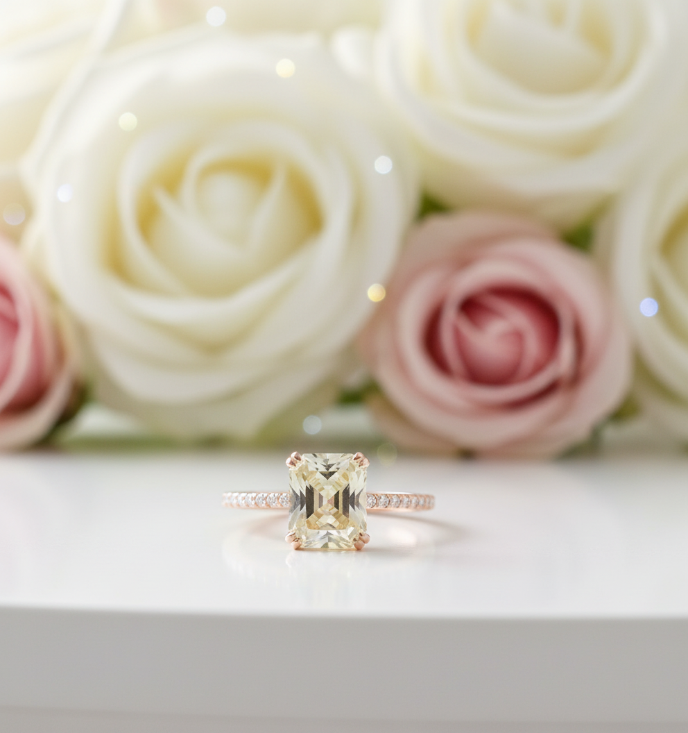 Stunning Yellow Gold Radiant Cut Light Yellow Sapphire Engagement Ring-Black Diamonds New York