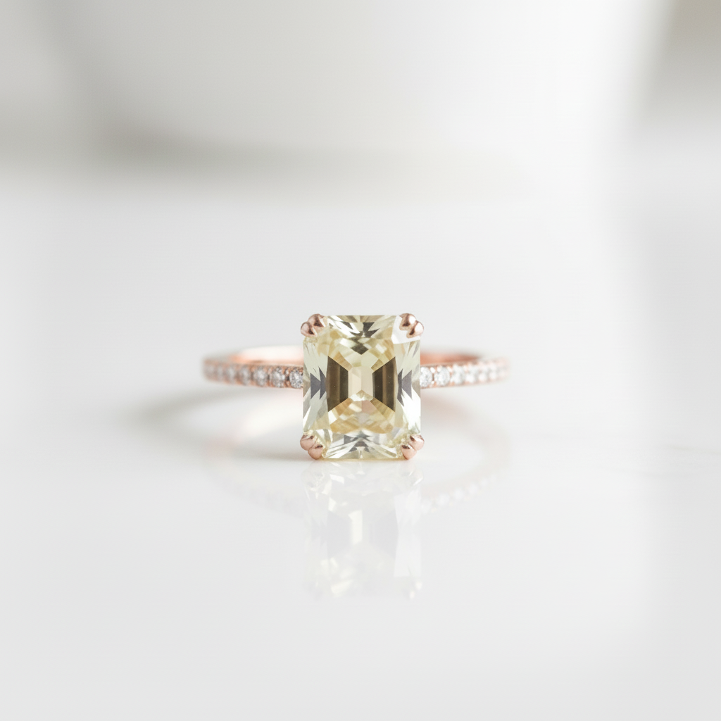 Stunning Yellow Gold Radiant Cut Light Yellow Sapphire Engagement Ring-Black Diamonds New York