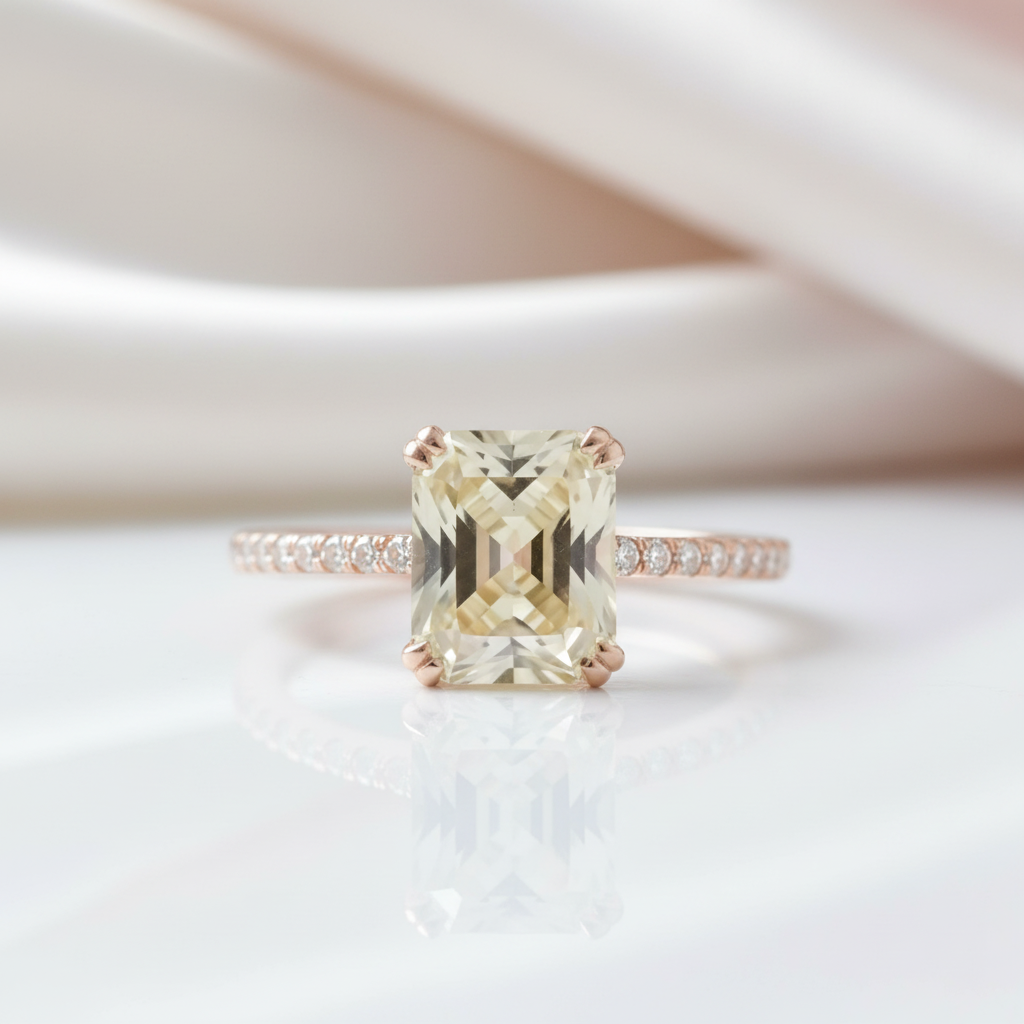 Stunning Yellow Gold Radiant Cut Light Yellow Sapphire Engagement Ring-Black Diamonds New York